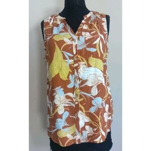 Cynthia Rowley Linen Blend Hawaiian Floral Print Button Up Sleeveless Top Size L
